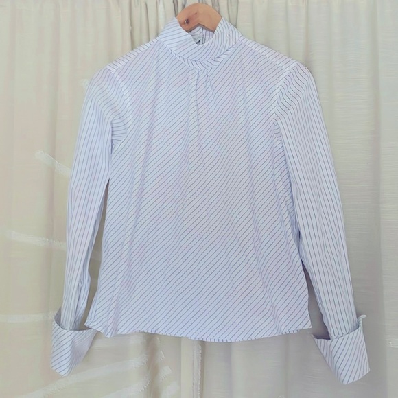 Scotch & Soda Tops - Scotch & Soda White/Blue Asymmetrical Pinstripe High-collar Rear Button Blouse
